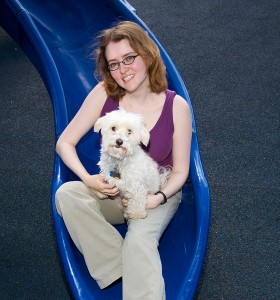 Author Tui Sutherland relaxes with her dog Sunshine in Watertown, MA on June 11, 2008